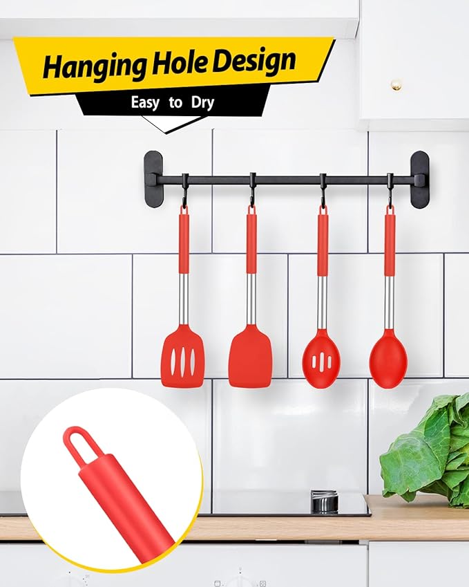 Pack of 4 Silicone Cooking Utensils Set, Non Stick Large Solid Spatulas, Heat Resistant Slotted Spoons, Ideal BPA Free Kitchen Turners for Frying, Mixing,Serving,Draining,Turning,Stirring (RED) - Image 6