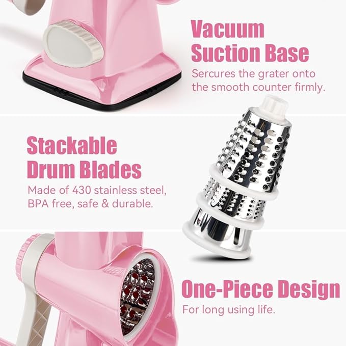KEOUKE Rotary Cheese Grater Hand Crank Pink - Shredder Slicer Grinder 3 Stainless Steel Blades, Stable Suction, Labor-Saving Handle, Safe Kitchen Tool for Cheese, Vegetable, Nuts, Chocolate - Image 5