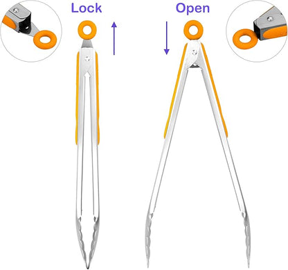 304 Stainless Steel Kitchen Cooking Tongs, 12" and 14" Set of 2 Sturdy Grilling Barbeque Brushed Locking Food Tongs with Ergonomic Grip, Orange - Image 3