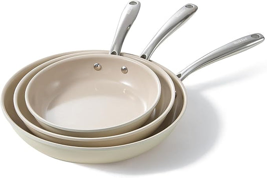 Redchef Nonstick Frying Pans Set, Ceramic Pan Skillet, Non Toxic Pans for Cooking, 8" 9.5" 11" Ceramic Frying Pan Set PFAS & PTFE & PFOA Free with Stay Cool Handle, Dishwasher & Oven Safe, Beige White by Redchef