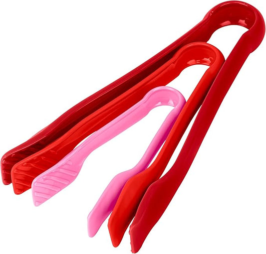DecorRack 3 Pcs 6” x 8” x 10” Multi Colored Plastic Tong Set, 3 Pack Durable BPA-Free Quality Heavy Duty Perfect for BBQ, Grilling, Salad, Buffets and Kitchen (Pink, Red)