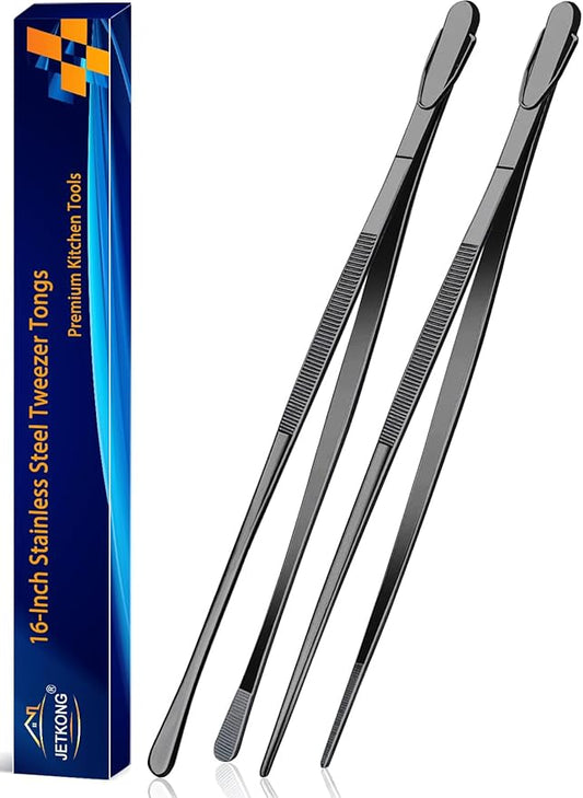 JETKONG 2 Pcs 16-Inch Heavy Duty Plating Tongs, Extra-Long Kitchen Fine Tongs Large Stainless Steel Cooking Forceps (Black) by JETKONG