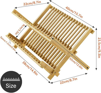 KKTONER Bamboo Dish Drying Rack 2 Tier Foldable Plate Organizer Collapsible Plate Organizer Holder for Kitchen Countertop (Natural) - Image 3