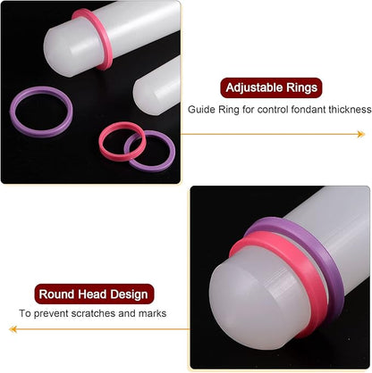 HARFINGTON Fondant Rolling Pin 18 Inch x 0.98 Inch Adjustable Guide Rings Non-Stick PP Plastic Fondant Roller Dough Roller Kitchen Decorating Tools for Cookie Pastry Pizza Clay