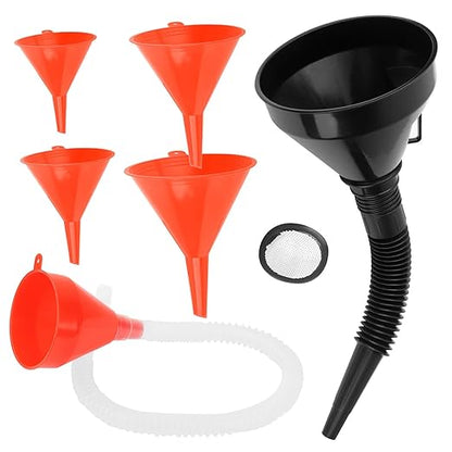 6 Pcs Automotive Funnels Set, Plastic Fuel Funnels with Hose, Wide Mouth Flexible Oil Funnels for Automotive Use Filling Water/Gasoline/Coolant/Engine Oil