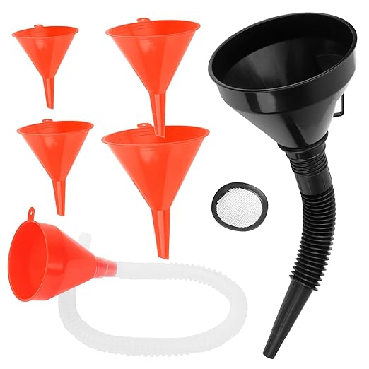 6 Pcs Automotive Funnels Set, Plastic Fuel Funnels with Hose, Wide Mouth Flexible Oil Funnels for Automotive Use Filling Water/Gasoline/Coolant/Engine Oil
