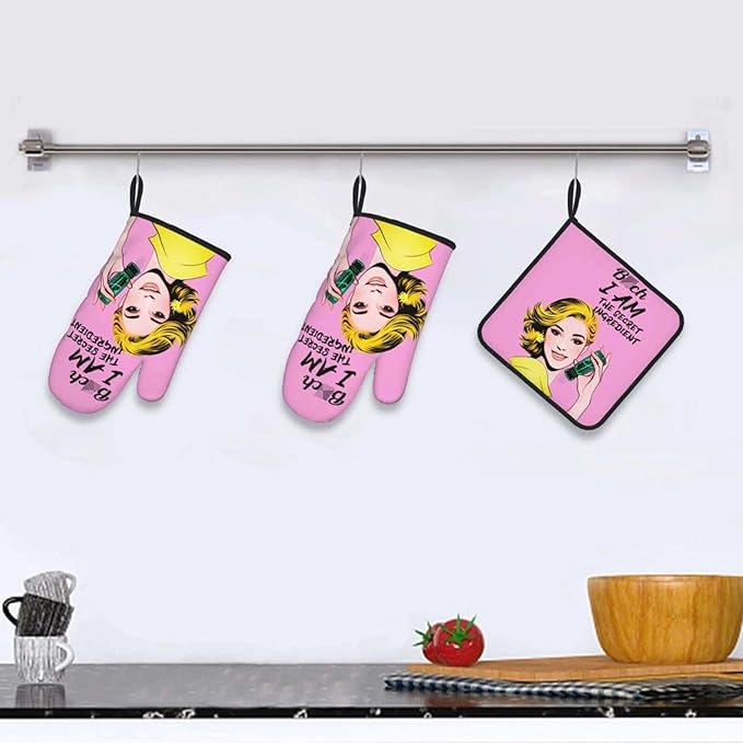 Cute Pink Oven Mitts and Pot Holders Set of 3, Heat Resistant Non-Slip Funny Hot Pad and Kitchen Gloves, Spring Funny Gifts for Cooking Lovers Women, Fun Kitchen Decor for Baking Cooking Grilling - Image 2