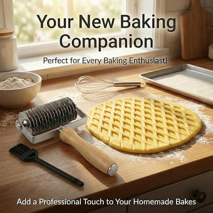 Pastry Lattice Roller Cutter with 1 Small Brush, Stainless Steel Lattice Pastry Cutter with Wooden Handle for Beef Wellington Pie Bread Cookie Pizza(COLOR:Silver)