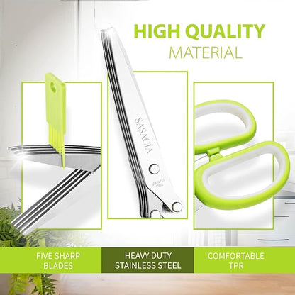 2-Pack Herb Scissors Set with 5 Blades & 3 Blades, Green Stainless Steel Kitchen Shears for Herbs, Veggies, Paper Shredding, with Cleaning Comb & Cover