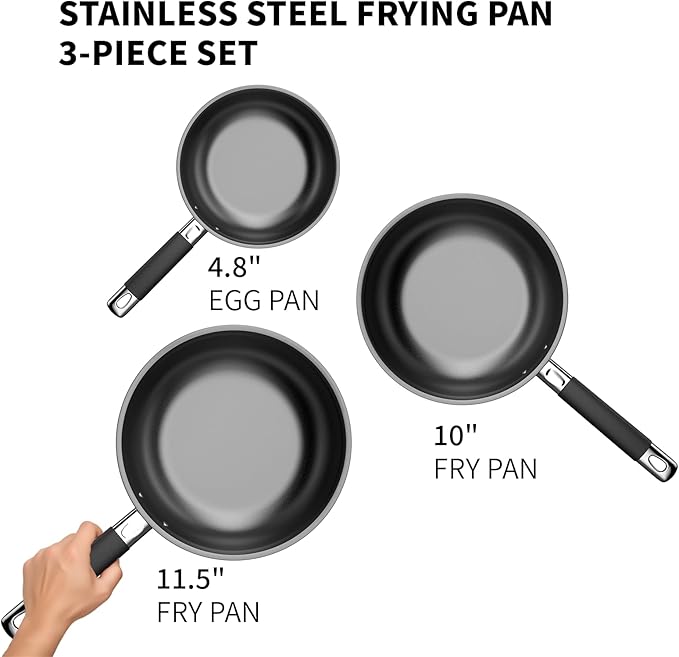 Non Stick Frying Pans Sets, 3-Piece Nonstick Pans, 10” 11.5” Skillet, 5” Egg Pan, 5-Ply Base Compatible with All Stoves