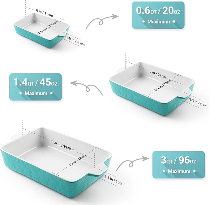 Casserole Dishes for Oven, Ceramic Baking Dishes, Lasagna Pan with Handles, Porcelain Baking Pan Deep, Bakeware for Baking, Cooking, Wedding Gift, Set of 3 (11.6" x 7.8", Aquamarine) - Image 3