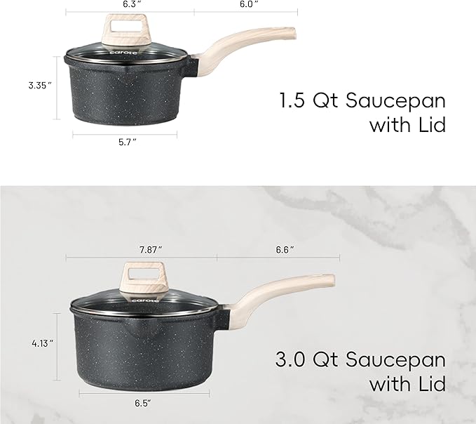 CAROTE 1.5Qt & 3.0Qt Sauce Pan Sets with Lid Cooking Pots Nonstick Saucepans Cookware Set with Pour Spout Small Kitchen Pot, Induction Comptable, Easy to Clean, PFOA FREE (Classic Granite) - Image 2