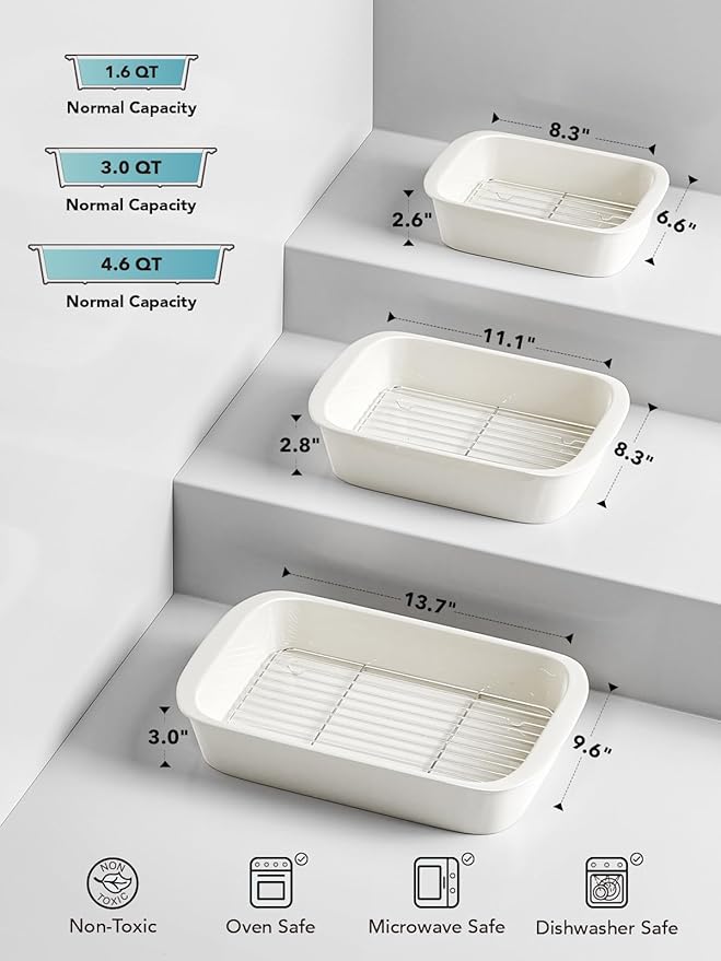 LE TAUCI Deep Casserole Dishes for Oven, 13.7”x9.6” Ceramic Baking Dish Set with Roasting Racks, Large Lasagna Pans with Handles, Rectangular Bakeware as Gift for Mom, White (4.6QT/3.0QT/1.6QT), Set of 3 - Image 7