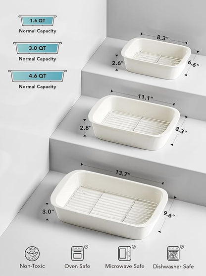 LE TAUCI Deep Casserole Dishes for Oven, 13.7”x9.6” Ceramic Baking Dish Set with Roasting Racks, Large Lasagna Pans with Handles, Rectangular Bakeware as Gift for Mom, White (4.6QT/3.0QT/1.6QT), Set of 3 - Image 7