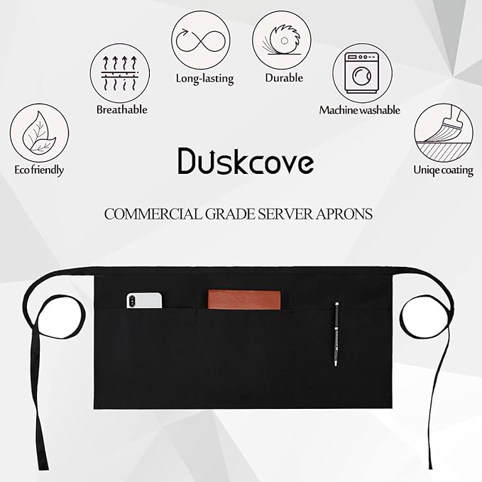 DUSKCOVE 12 Pack Server Aprons with 3 Pockets - Waitress Half Aprons for Women Men Water Resistant with Long Waist Strap