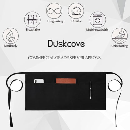 DUSKCOVE 12 Pack Server Aprons with 3 Pockets - Waitress Half Aprons for Women Men Water Resistant with Long Waist Strap
