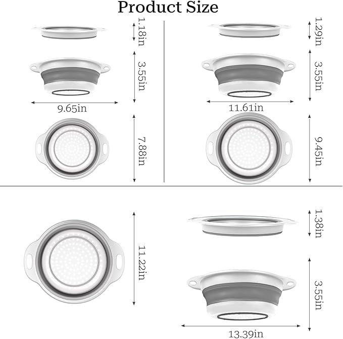 Collapsible Colander 3-Pack Set Space-Saving Foldable Kitchen Strainer with Non-Slip Base Durable Thickened PP+TPE Collapsible Strainers for Pasta, Vegetables, Fruits (Gray-White) - Image 2