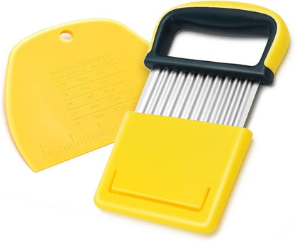 Vegetable Chopper - Stainless Steel Blade Crinkle Cutter/Wavy Knife Veggies French Fry Slicer and Plastic Dough/Cake Scraper,2 piece (Yellow)