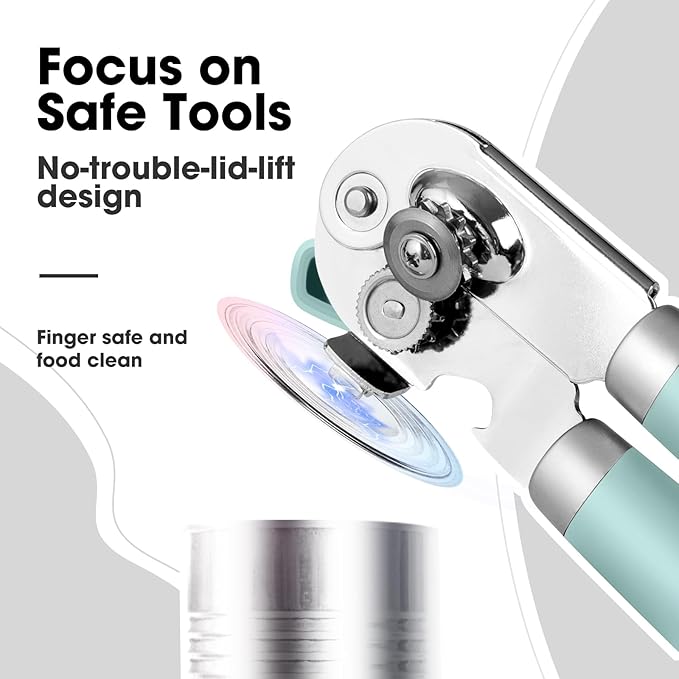 Beneno Heavy Duty Hand Can Opener Manual with Magnet, Durable Sharp Carbon Steel Blade Smooth Cutting, Big Effort-Saving Knob & Soft Grip Handle, Multifunctional Kitchen Tool with Bottle Opener, Mint - Image 5