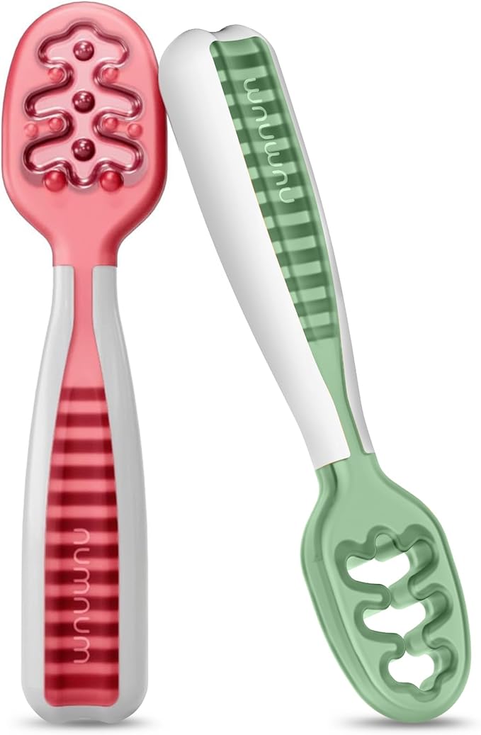 NumNum Baby Spoons Set, Baby Essentials Pre-Spoon GOOtensils for 6+ Months, First Stage Self-Feeding Spoons for Baby Led Weaning (BLW), Silicone Toddler Utensils, BPA-Free, 2 Pack Red/Green by NumNum