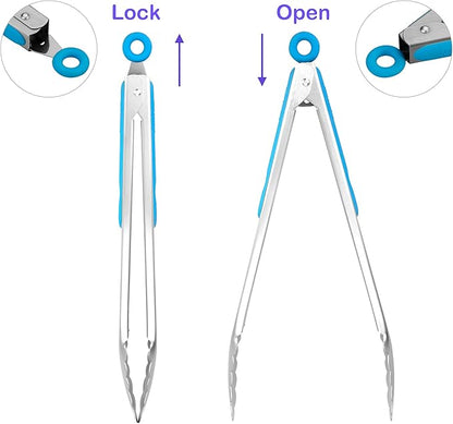 304 Stainless Steel Kitchen Cooking Tongs, 12" and 14" Set of 2 Sturdy Grilling Barbeque Brushed Locking Food Tongs with Ergonomic Grip, Blue - Image 3