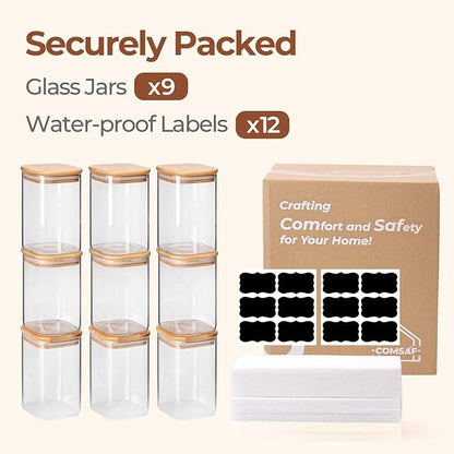 ComSaf 1.2 Qt Glass Storage Containers with Lids, Glass Jars with Lids, Clear Food Storage Jar, Square Canister Set of 9, Pantry Organizers and Storage for Cookie Flour Oat Pasta Tea Coffee Bean - Image 7