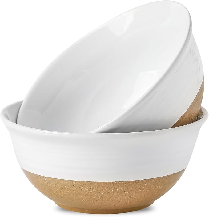 HASENSE Large Ceramic Serving Bowls Set of 2, 84 Oz 9 Inch White & Terracotta Stoneware Mixing Bowls, Farmhouse Bowls for Salad, Baking, Popcorn & Side Dishes, Dishwasher & Microwave Safe by Hasense