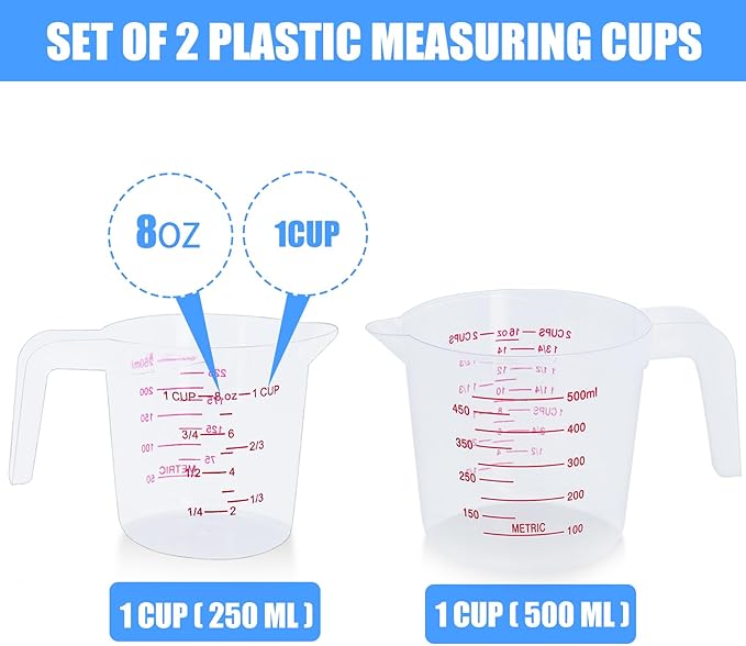 DTDNZKN 2 Pack Measuring Cup Set, Includes 250Ml (1-Cup), and 500Ml (2-Cup) Plastic Liquid Measuring Cups- Baking, Cooking, Mixing & Measuring Cups, Essential Kitchen Tools - Image 2