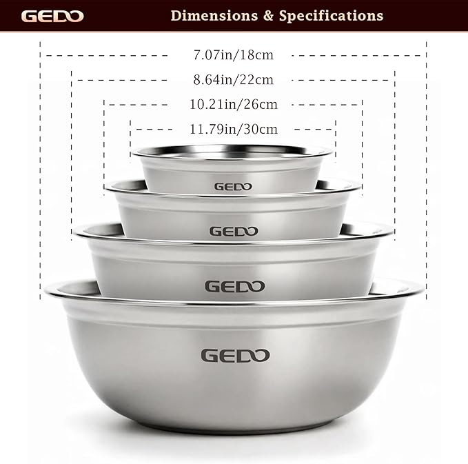 GEDO Stainless Steel 4 Piece Mixing Bowls Set, SUS316 Metal Nesting Bowls, Silver, Kitchen Food Prep Serving Bowls (7.07/8.64/10.21/11.79 in)