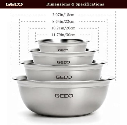 GEDO Stainless Steel 4 Piece Mixing Bowls Set, SUS316 Metal Nesting Bowls, Silver, Kitchen Food Prep Serving Bowls (7.07/8.64/10.21/11.79 in)