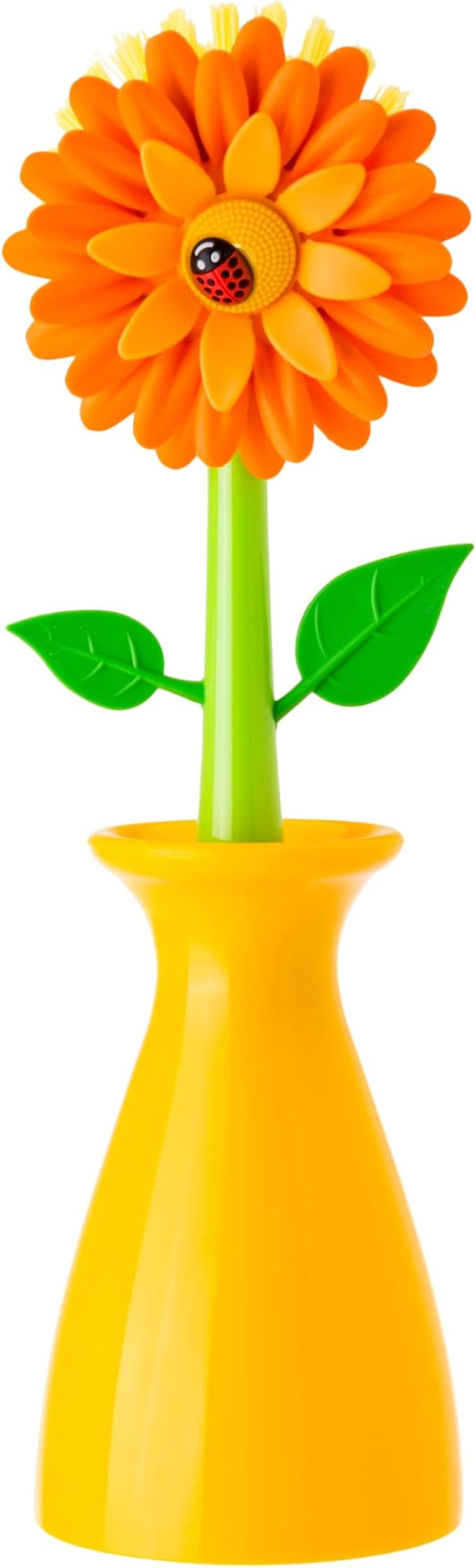 Vigar Flower Power Dish Brush with Handle and Vase Dish Brush Holder, Kitchen Scrub Brush for Pot Scrubber, Dishes, and Sink Cleaning, Orange, Green by VIGAR