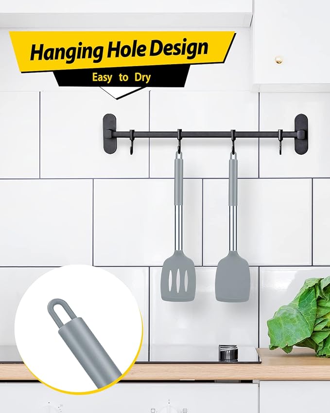 Pack of 2 Silicone Solid Turner, Non Stick Slotted Kitchen Spatulas, High Heat Resistant BPA Free Cooking Utensils, Ideal Cookware for Fish, Eggs, Pancakes(Gray) - Image 6