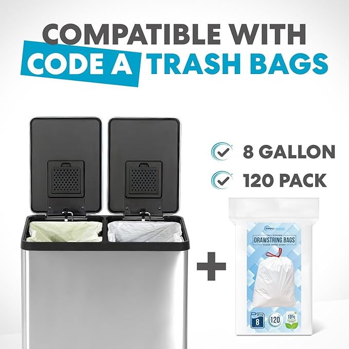 Simpli-Magic 16 Gallon (30L x 30L) Dual Compartment Step Trash Can – Kitchen Garbage Can with Slow-Close Lids – Waste & Recycling Bins, Odor Control, Hands-Free, Easy to Clean, Stainless Steel - Image 2