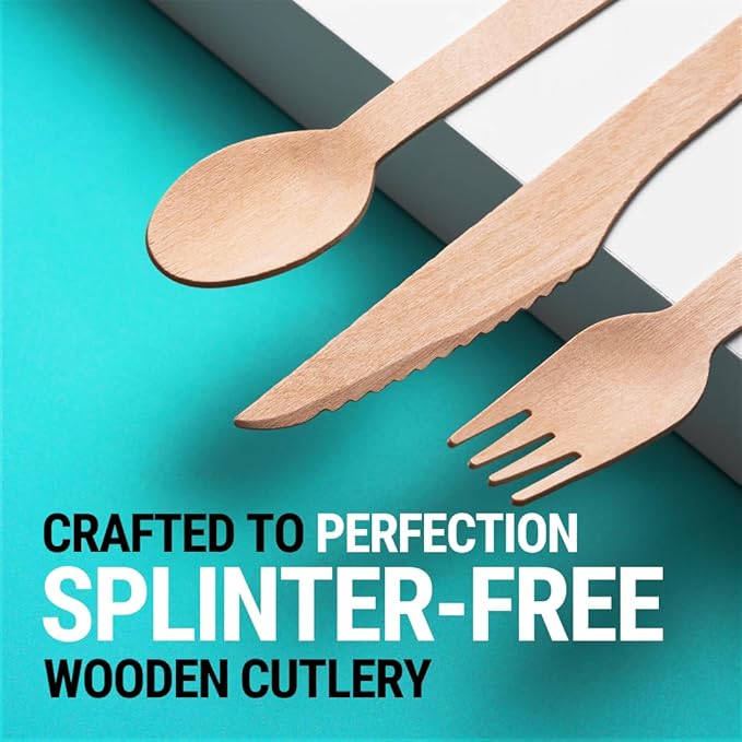 300pcs Disposable Wooden Cutlery Set (150 Forks, 100 Spoons, 50 Knives) Our Heavy Duty Compostable Wood Utensils is FSC Certified Protecting Forests. Zero Plastic Cutlery For Any Occasion - Image 6