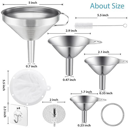 Toncoo 4 Pack Stainless Steel Funnels for Kitchen Use, Food Grade Cooking Funnel with 2 Strainer, Kitchen Funnel Set Metal Funnels for Filling Bottles