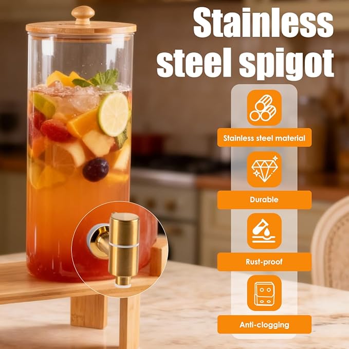 2 Gallon 2 Pack large Glass Drink dispenser for parties,Beverage Dispenser With Wood Stand,Water Dispensers with spigot,lemonade dispenser,juice containers & water pitcher with lid - Image 7