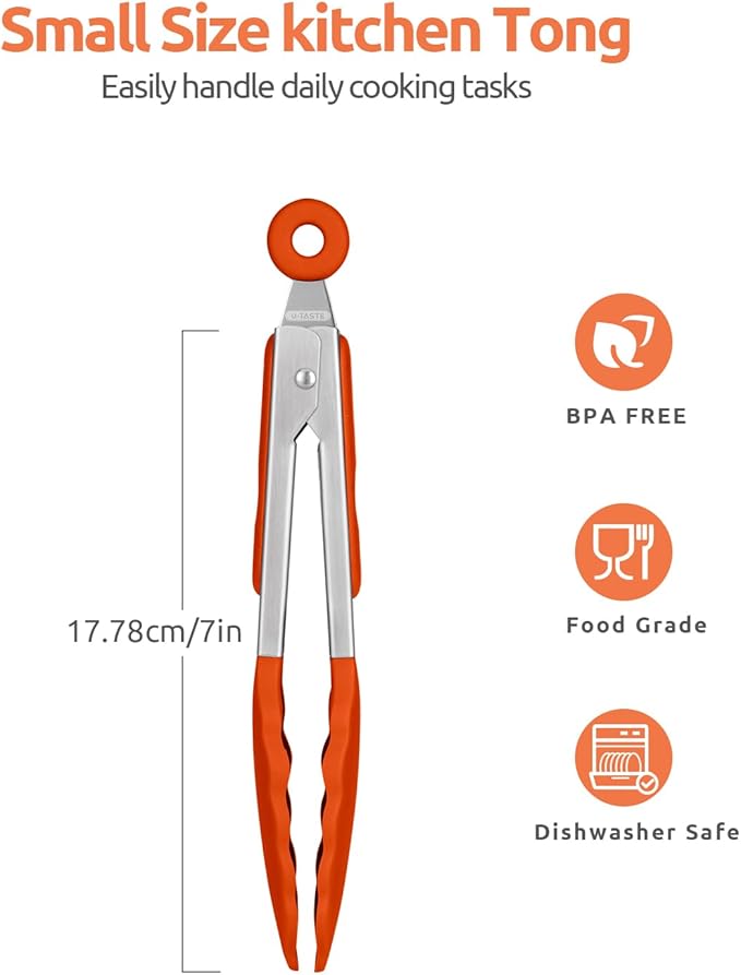 600ºF Heat Resistant Kitchen Tong: U-Taste 7 inch Silicone Cooking Tong with Firm Sealed Non Stick Rubber Tips & Silicon Coated 18/8 Stainless Steel Handle & Smooth Locking for Serving Salad (Orange) - Image 2