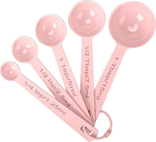 Stainless Steel Measuring Spoons Set of 5, Metal Measuring Cups and Spoons Set for Liquid/Food/Kitchen/Baking (Pink) by Muchtolove