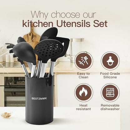 Kitchen Utensils Set-Silicone Cooking Utensils-32 pcs Non-Stick Silicone Cooking Kitchen Utensils Spatula Set with Holder-Best Kitchen Cookware with Stainless Steel Handle (Black) - Image 3