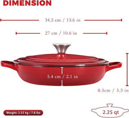 Flavehc Braiser Enameled Cast Iron Braiser 2.25 qt Braiser Pan with Lid Red Shallow Cast Iron Casserole Braiser Pan with Handels