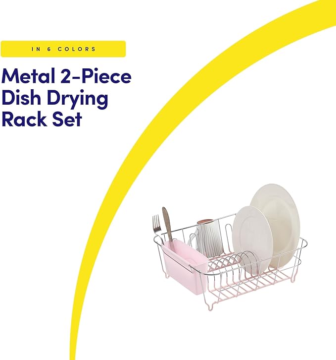 Dish Drying Rack & Cutlery Holder 2 Piece Set - Compact Sink-Fitting Dish Drainer with Rubberized Undercoating, Space-Saving Kitchen Organizer for Plates, Cups, Bowls & Utensils in Sink, Pale Pink - Image 2