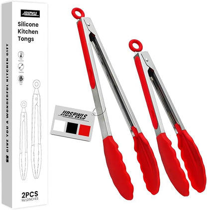 Premium Stainless Steel Heat Resistant Kitchen Tongs for cooking,set of 9" and 12" (Red),Non Scratch Silicone cooking Tong Tip for Cooking Pans,Strong Grip BBQ tongs for Grabbing Hot Food by JIDSPWLS-USStrore