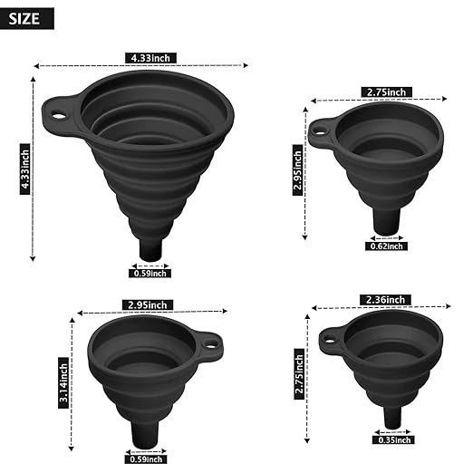 Set of 4 Silicone Collapsible Kitchen Funnel - X-Small to Large Sizes for Easy Liquid Transfer Food Grade Silicone Collapsible Gadgets (Black)