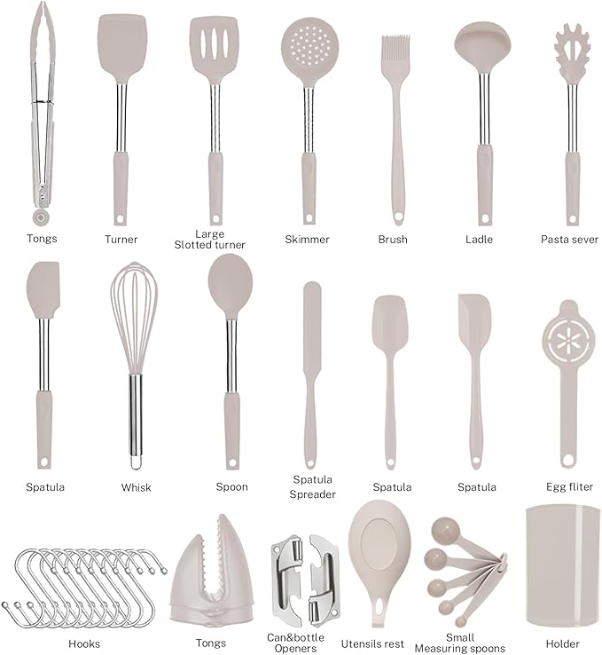 Silicone Kitchen Cooking Utensils Set with Stainless Steel Handle, Spatula Set Utensil Set, Cooking Utensil Set,Kitchen Tools Gadgets for Nonstick Cookware (35, Khaki) - Image 4