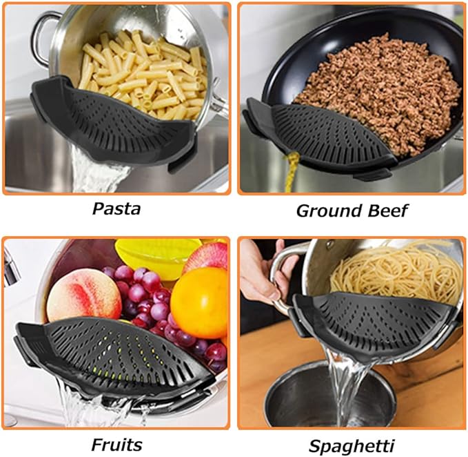YEVIOR Clip on Strainer for Pots Pan Pasta Strainer, Silicone Food Strainer Hands-Free Pan Strainer, Clip-on Kitchen Food Strainer for Spaghetti, Pasta, Ground Beef Fits All Bowls and Pots (Black) - Image 6