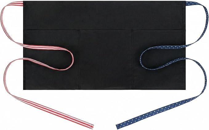 BOHARERS 3-Pocket Waist Apron With American Flag Print Straps - Black Waitress Waiter Server Short Aprons by BOHARERS