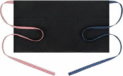 BOHARERS 3-Pocket Waist Apron With American Flag Print Straps - Black Waitress Waiter Server Short Aprons by BOHARERS