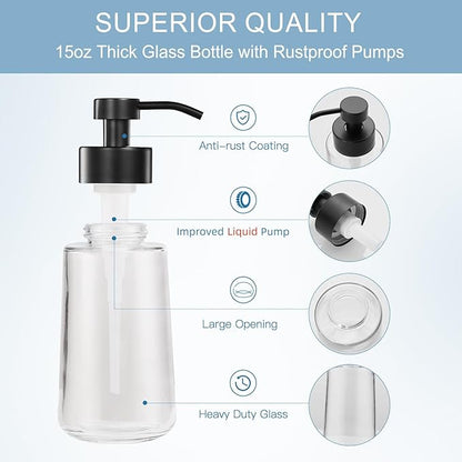 Soap Dispenser, Clear Glass Soap Dispenser with Rust Proof Pump, 16oz Liquid Soap Pump with Waterproof Labels, Dish & Hand Soap for Bathroom, Kitchen, Matte Black, Pack of 2 - Image 2