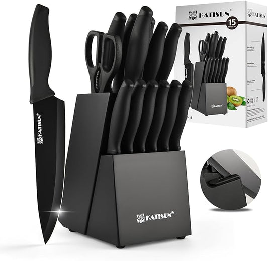 15-Piece Stainless Steel Kitchen Knife Set, Built-in Knife Sharpener, Dishwasher Safe, Ergonomic Non-Slip Handles, 6 Steak Knives, Black
