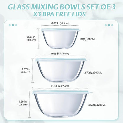 Luvan Glass Mixing Bowls with Lids Set(4.5QT, 2.7QT, 1.1QT)-Large Glass Mixing Bowls, Clear Salad Bowl for Baking, Cooking, Serving, Food Prep, 3PC Nesting Bowls for Kitchen Storage & Dishwasher Safe - Image 3
